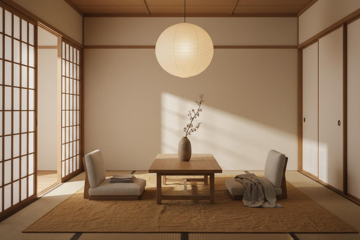 A calm Japanese-inspired living room with soft natural light, paper lantern, and minimal decor