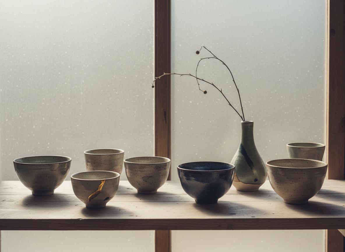Minimal Japanese ceramics on a shelf with soft daylight