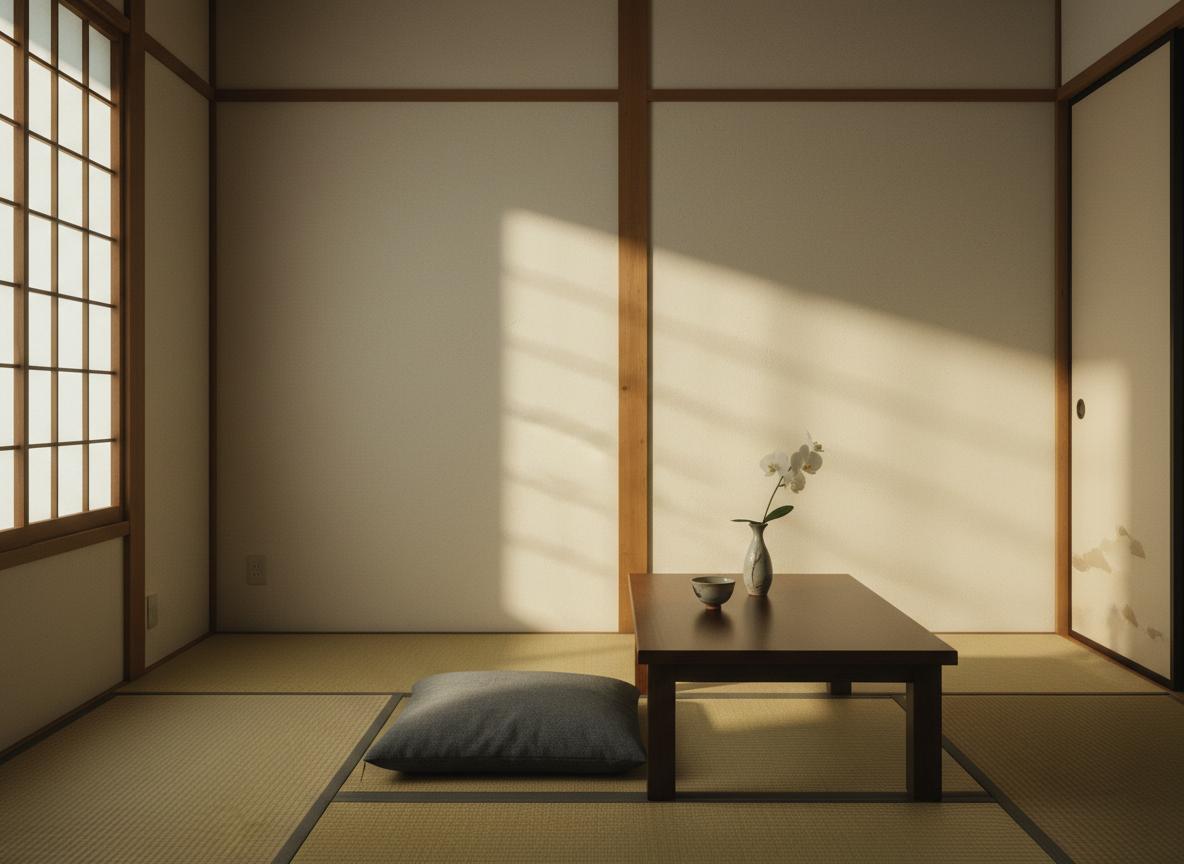 A quiet Japanese room with tatami textures and soft shadow