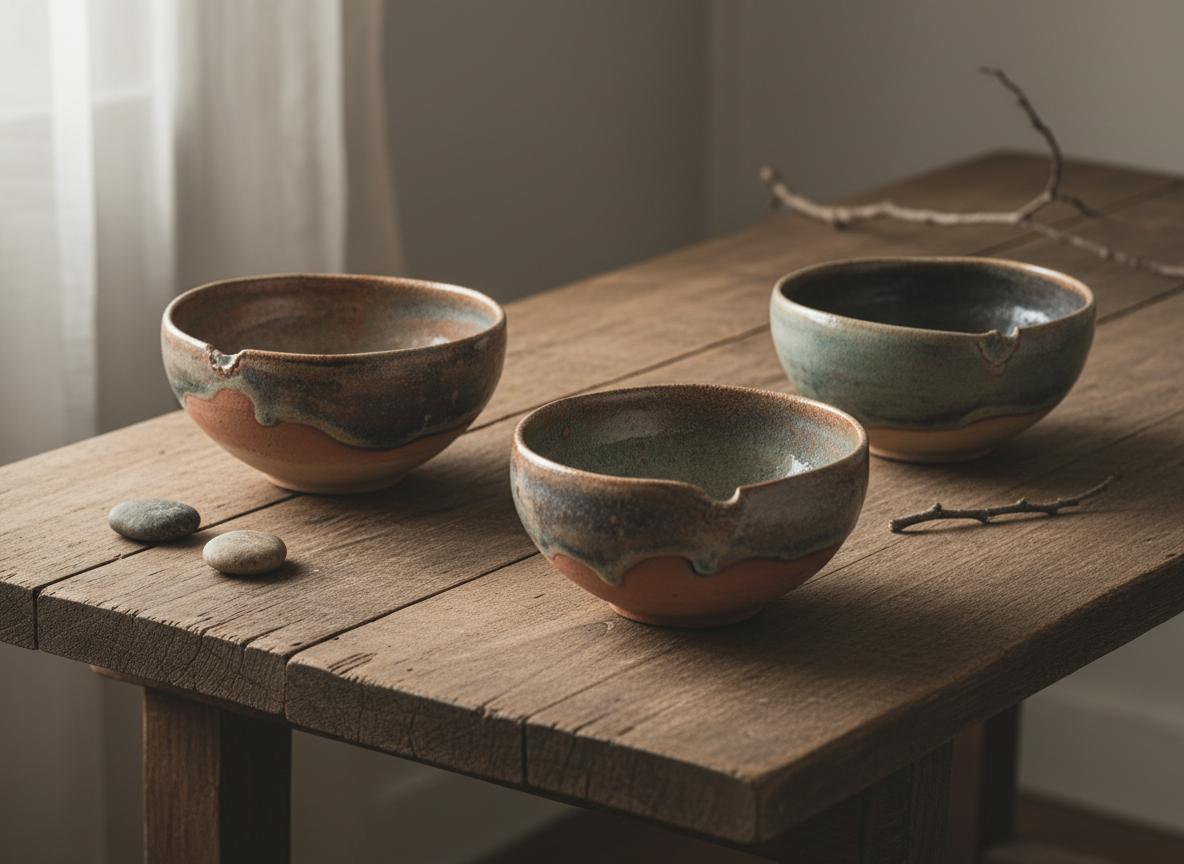 Handmade ceramic bowls on a wooden table with soft daylight