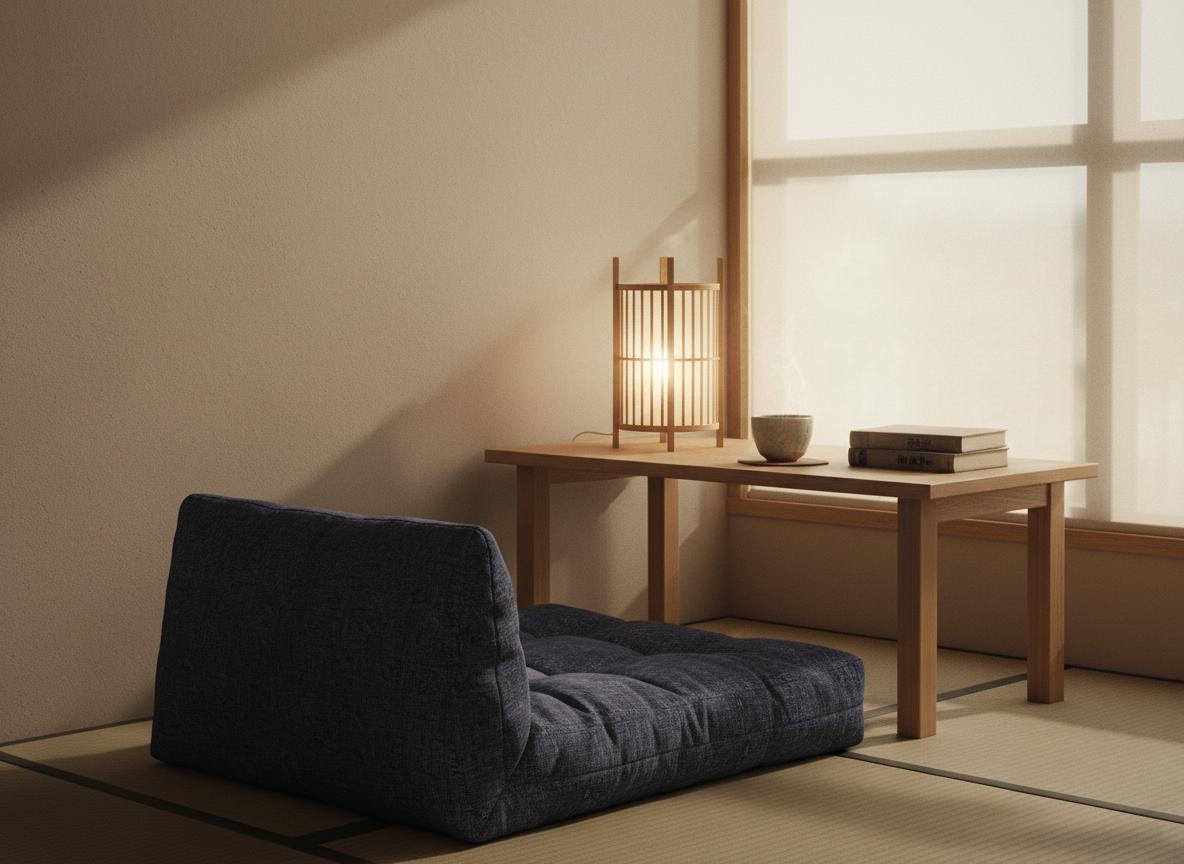 A Japanese-style reading corner with floor cushion and paper lantern
